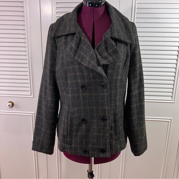 Vmong Plaid Fitted Gray Pea Coat Double Breasted Large - Picture 1 of 9